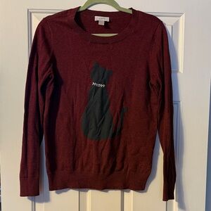 LOFT Burgundy Sweater with Black Cat Motif